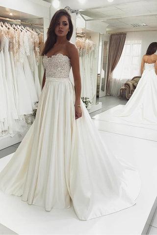 Beaded Lace and Satin A-line Wedding Dress with Corset Back loveangeldress Beaded Lace and Satin A-line Wedding Dress with Corset Back loveangeldress