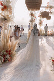 Beaded Lace Beach Wedding Gown with Flowers Train