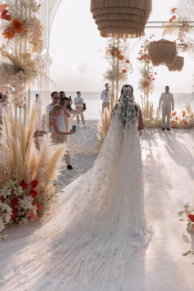 Beaded Lace Beach Wedding Gown with Flowers Train