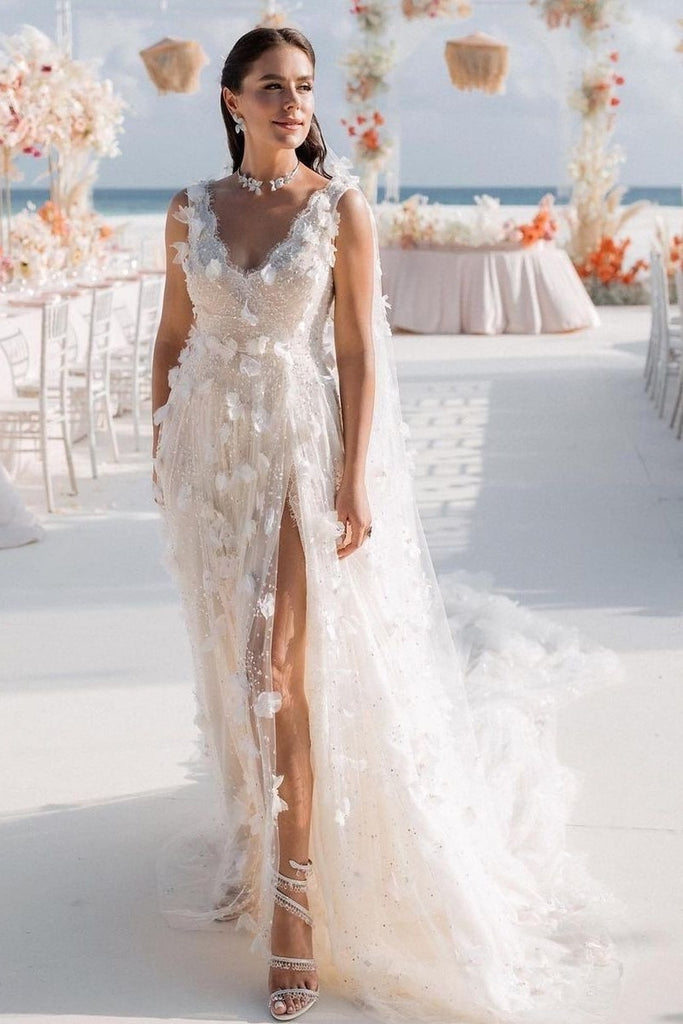 Beaded Lace Beach Wedding Gown with Flowers Train loveangeldress Beaded Lace Beach Wedding Gown with Flowers Train loveangeldress
