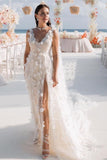 beaded-lace-beach-wedding-gown-with-flowers-train