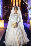 beaded-lace-long-sleeves-wedding-dress-with-satin-skirt