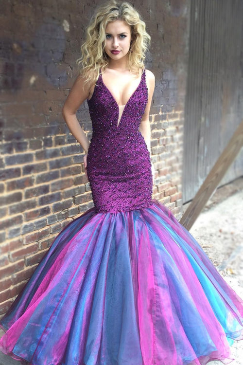 beaded-purple-mermaid-evening-prom-dresses-with-plunging-v-neck