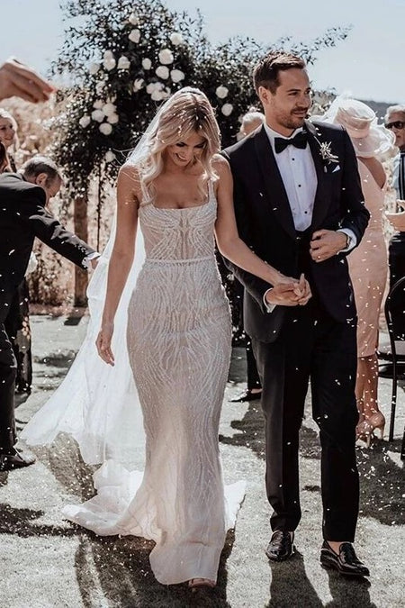 Sheer Lace Mermaid Wedding Dress with V Back