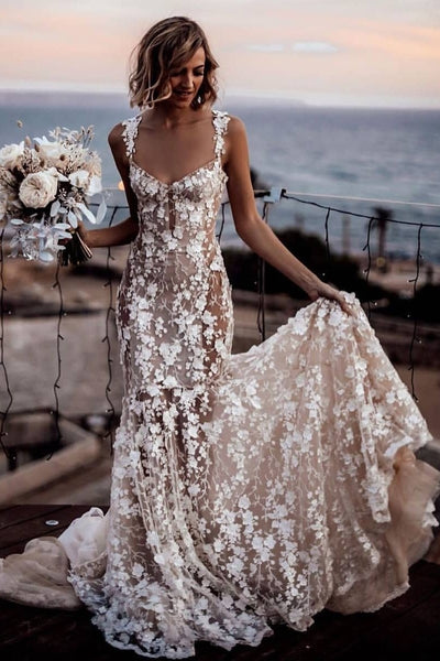 beautiful-lace-floral-wedding-gown-with-shoulder-straps