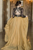 black-lace-long-sleeve-wedding-dress-yellow-chiffon-skirt-1