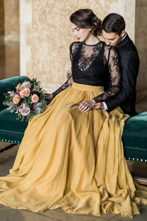 black-lace-long-sleeve-wedding-dress-yellow-chiffon-skirt