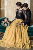 black-lace-long-sleeve-wedding-dress-yellow-chiffon-skirt