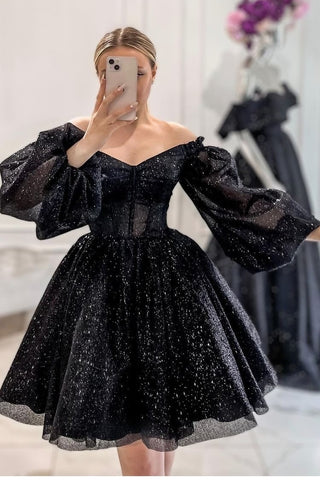 long sleeve black sparkly homecoming dress Black Sequin Homecoming Dress Short One Shoulder Mini Dress with Sleeves Black / Custom Size