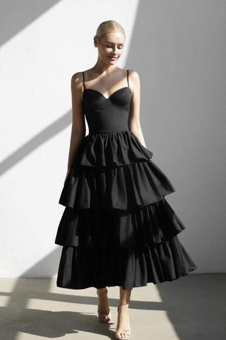 Lace V-neck Bodice Black Homecoming Gown with Tiered Skirt