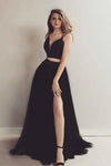 black-two-piece-prom-dresses-tulle-skirt-high-slit-side-1