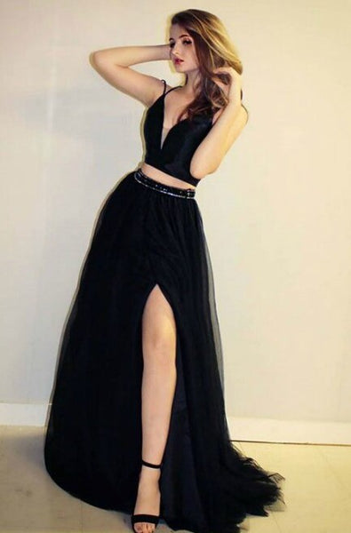 black-two-piece-prom-dresses-tulle-skirt-high-slit-side