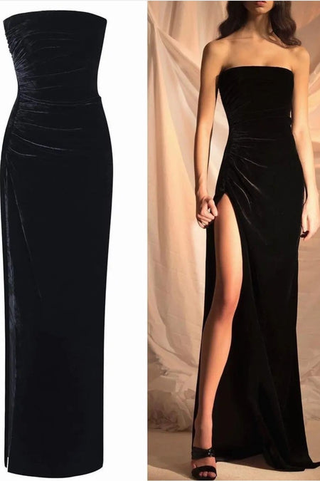 Strapless Open Back Black Prom Ball Gown Dresses with Tulle Skirt