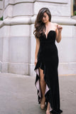 black-velvet-prom-gown-with-ruffles-split-side
