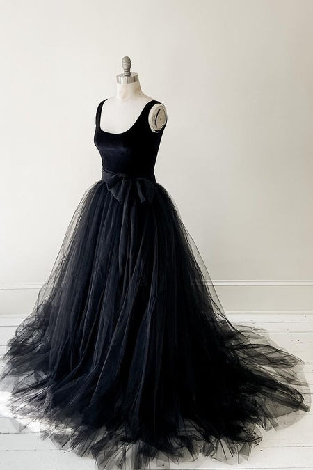 Lace Long Sleeves Black Evening Gown with Chiffon Skirt