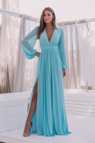 Blue Chiffon Evening Gown with Loose Long Sleeves  loveangeldress