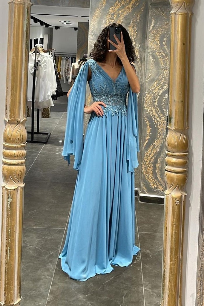 Blue Chiffon Lace Prom Dress with Ribbon Sleeves – loveangeldress