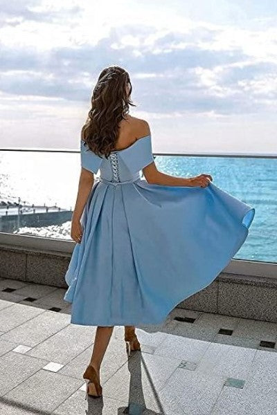 Blue Satin Tea-Length Prom Gown with Off-the-shoulder – loveangeldress