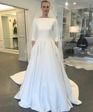 boat-neck-3-4-sleeves-satin-wedding-gown-with-pockets-1