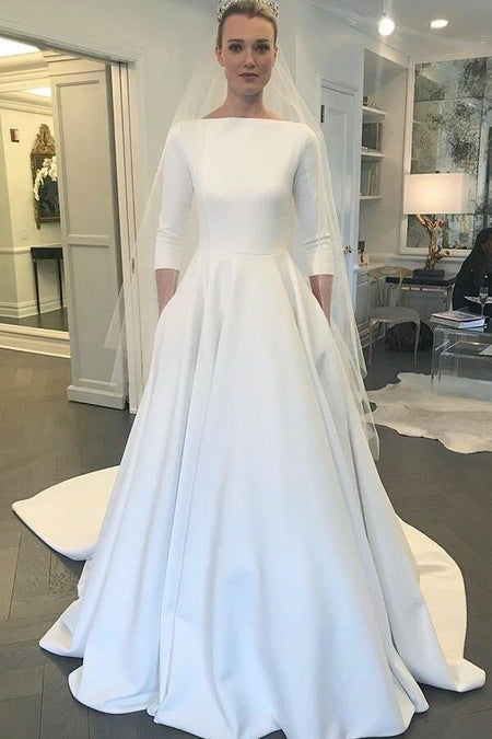 White Satin Modest Wedding Dresses with Long Sleeves