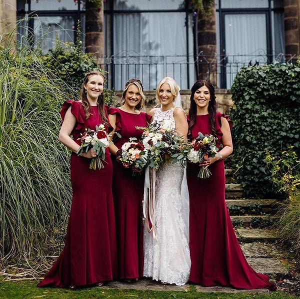 Boat Neck Long Bridesmaid Gown with Flounced Sleeves