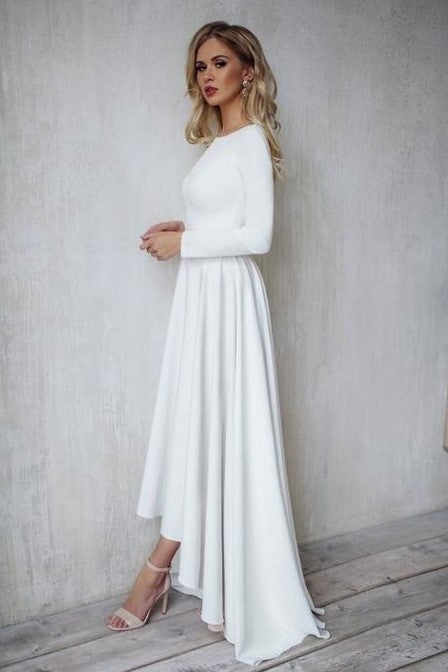 Boat Neck Long Sleeved Ivory Spandex Wedding Gown Simple