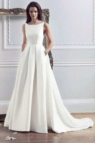 Boat Neck Satin A-line Wedding Gown with Pockets – loveangeldress Boat Neck Satin A-line Wedding Gown with Pockets – loveangeldress
