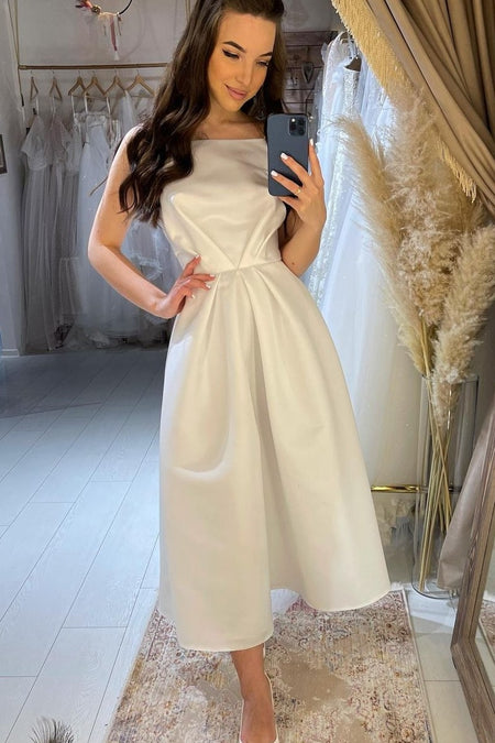 A-line Satin Short Wedding Dress with Beaded Cap Sleeves