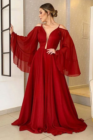red and black prom dress with sleeves Black and Red V-Neck Tulle Long Prom Dress, Lace Evening Dress