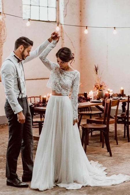 2 Piece Boho Wedding Dress with Lace Sleeves Chiffon Skirt