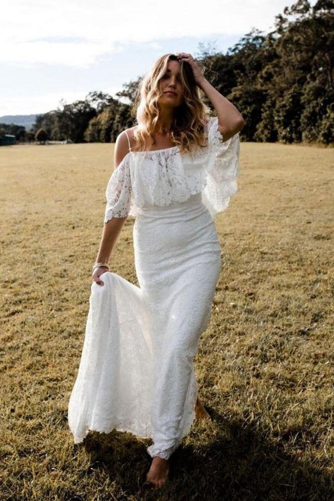 Boho Lace Wedding Gown with Off-the-shoulder Bodice loveangeldress Boho Lace Wedding Gown with Off-the-shoulder Bodice loveangeldress