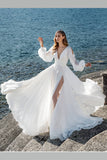 boho-long-sleeves-wedding-dress-for-seaside-high-slit-side