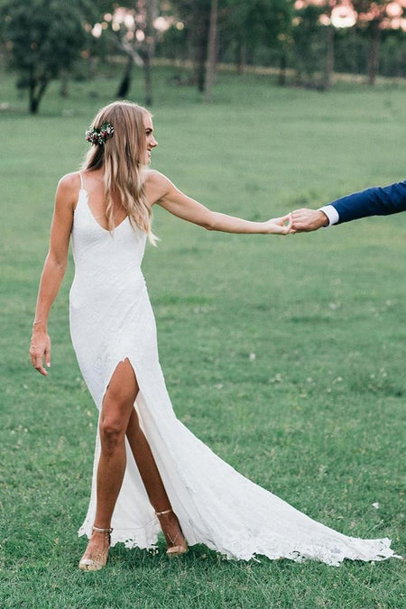 Lace Long Sleeves Boho Wedding Dresses with Open Back