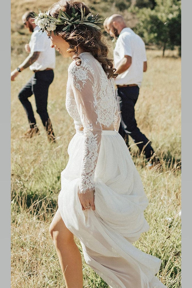 boho-two-piece-long-sleeve-wedding-dress-lace-top-chiffon-skirt-1