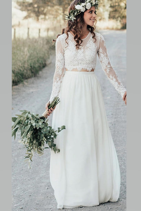 Plunging V-neckline Lace Chiffon Boho Wedding Dresses with Sleeves