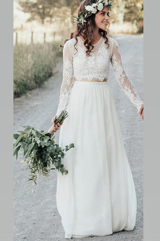 Boho Two-piece Long Sleeve Wedding Dress Lace Top Chiffon Skirt loveangeldress Boho Two-piece Long Sleeve Wedding Dress Lace Top Chiffon Skirt loveangeldress