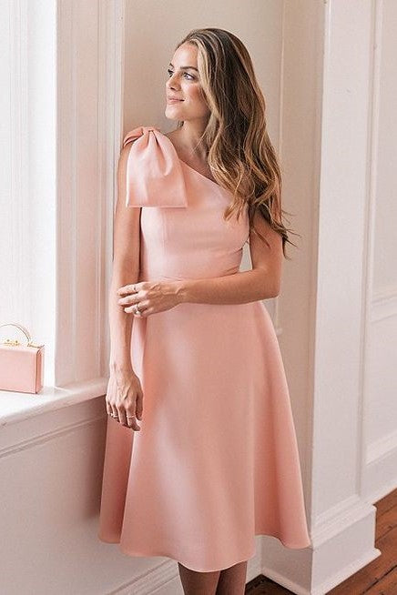 Bow One-shoulder Pink Bridesmaid Dresses Knee-Length – loveangeldress