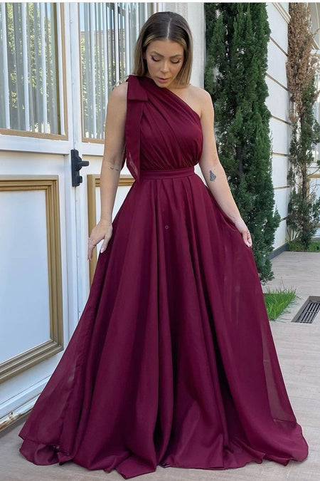 Unique Off-the-shoulder Chiffon Purple Long Bridesmaid Wedding Guest Dresses