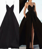 Box Pleats Black Long Prom Dresses with High Slit Front