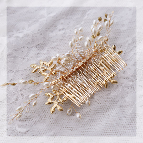 Bridal Golden Hair Comb Beaded Pearl Wedding Combs Accessories