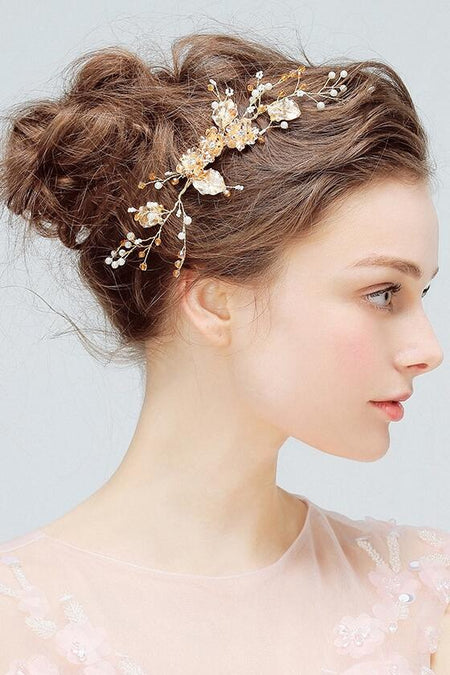 Gold Wedding Hair Clip Accessories Leaf and Pearls Bridal Headpiece