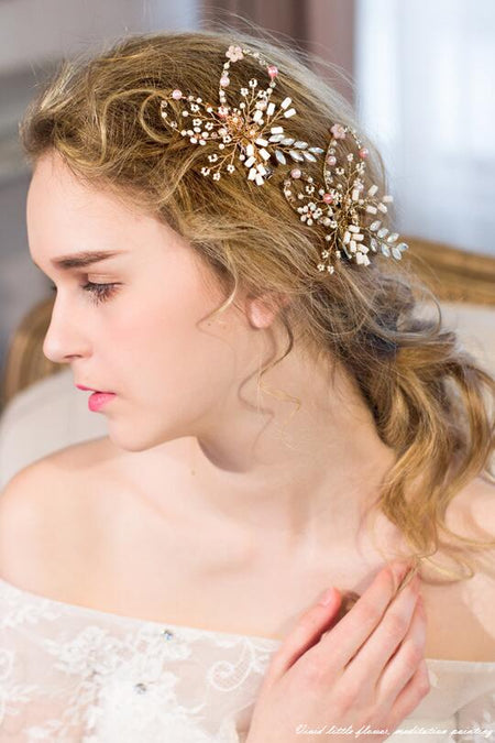 Simple Gold Flower Rhinestones Bridal Headpiece Wedding Hair Clip