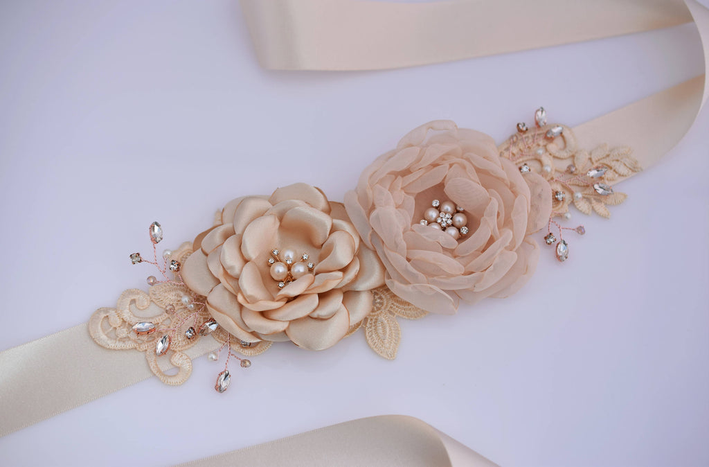Wedding Dress Belt Silk Handmade Rose Bridal Sash Pearl Rhinestone Flower  Belt