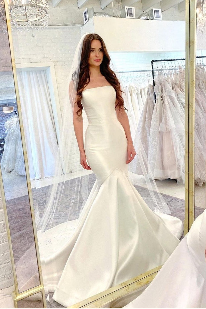 strapless satin mermaid wedding dresses Beaded Lace Satin Strapless Plunging Mermaid Wedding Dress