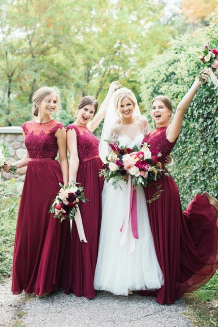 Gold Sequin Two Piece Burgundy Bridesmaid Dresses Tulle Skirt