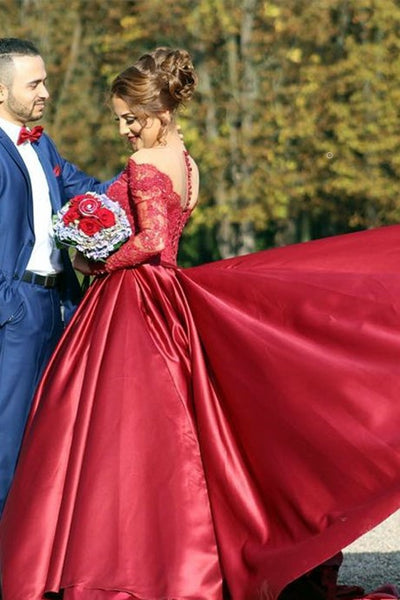 burgundy-prom-dresses-beaded-lace-sleeves-with-satin-skirt-1