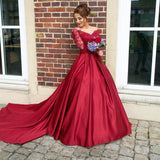 burgundy-prom-dresses-beaded-lace-sleeves-with-satin-skirt-2