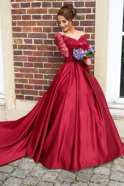burgundy-prom-dresses-beaded-lace-sleeves-with-satin-skirt