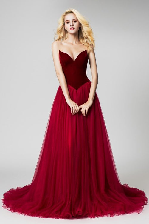 burgundy-velvet-evening-dresses-with-tulle-skirt