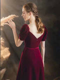 burgundy-velvet-long-prom-gowns-with-puffy-sleeves